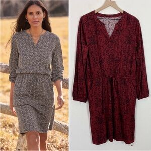 Garnet Hill Ines Blouson Knit Dress Red Black Animal Print Tie Waist L Large